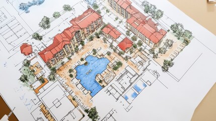 Architectural Design Sketch of a Resort Complex with Pool and Landscaping
