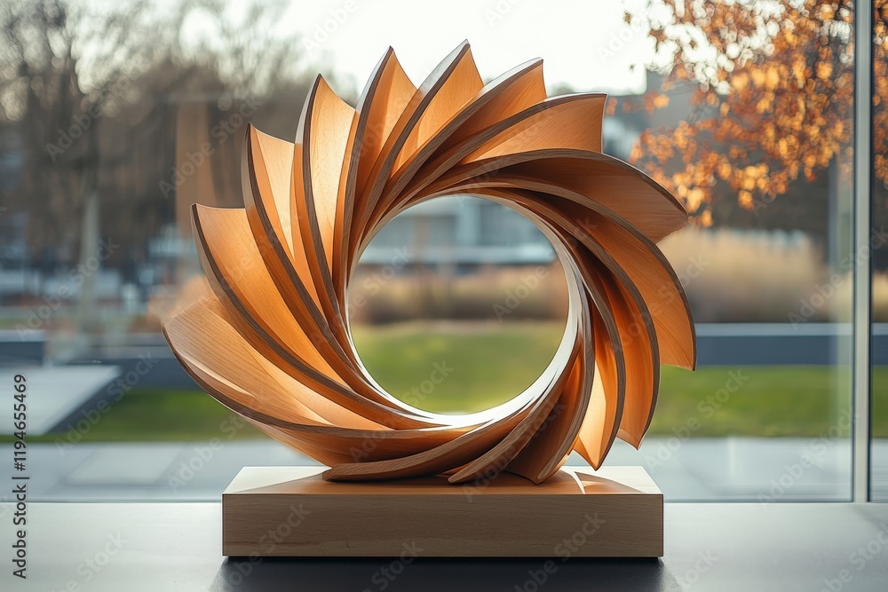 Poster a wooden spiral sculpture is elegantly displayed against a background of natural light, embodying cr