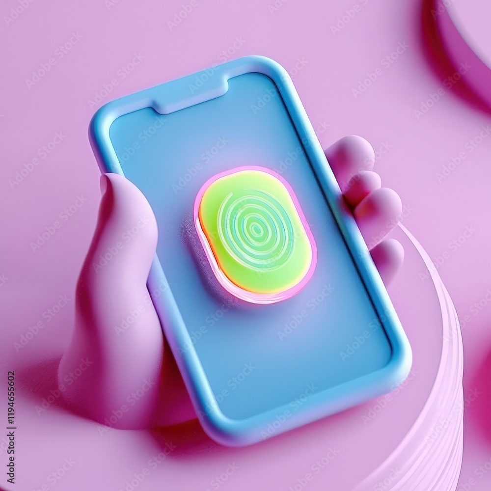 Poster mobile payment security platform concept. a colorful phone case with a fun, layered design held in a