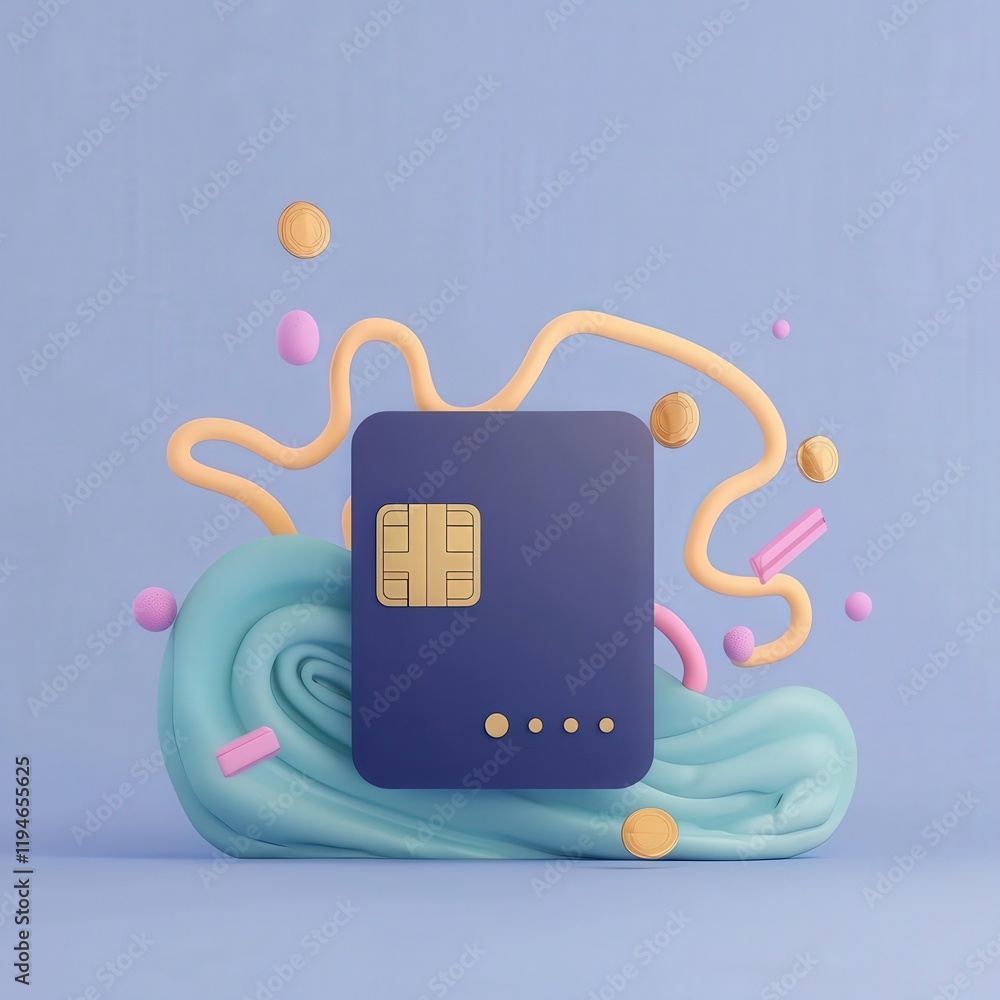 Poster mobile payment security platform concept. modern credit card design with colorful abstract elements 