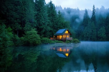 Obraz premium Serene Lakeside Cabin Retreat: A Misty Evening in the Forest