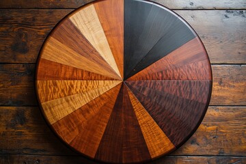 A beautifully crafted round wooden coffee table features distinct contrasting wood tones, adding depth and character, ideal for contemporary or rustic settings.