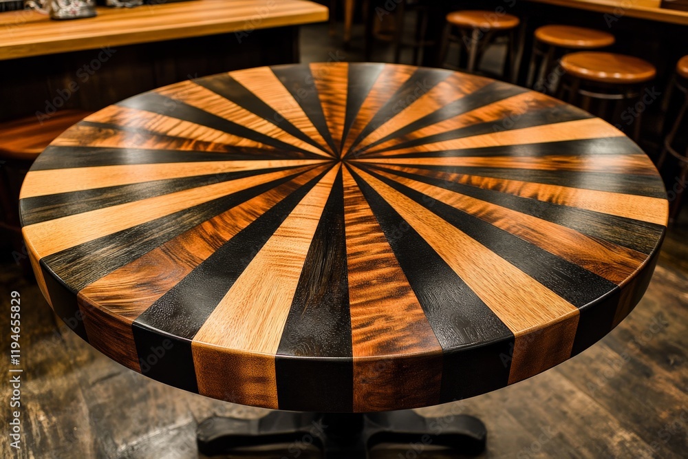 Poster a modern round table featuring a striking striped pattern in alternating wood tones, including a bol