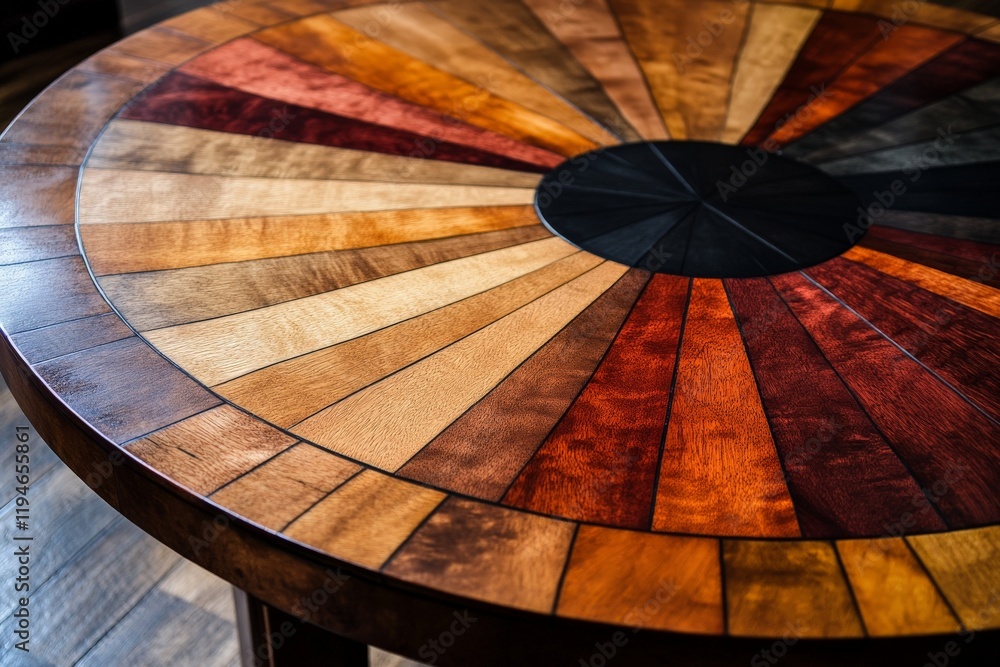 Poster A round table designed with a striking mosaic pattern made from a variety of wooden pieces in warm, vibrant colors, ideal for interior decoration.