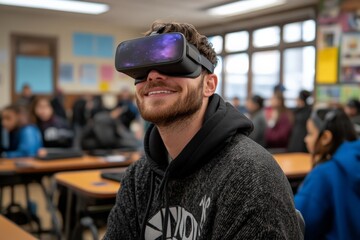A man wearing virtual reality glasses is seated in a classroom environment with other students around. He appears to be engaged and immersed in the experience.