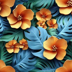 Vibrant Floral Embroidery and Papercut Design Featuring 3D Elements in Repeating Pattern with Colorful Flowers and Lush Green Leaves