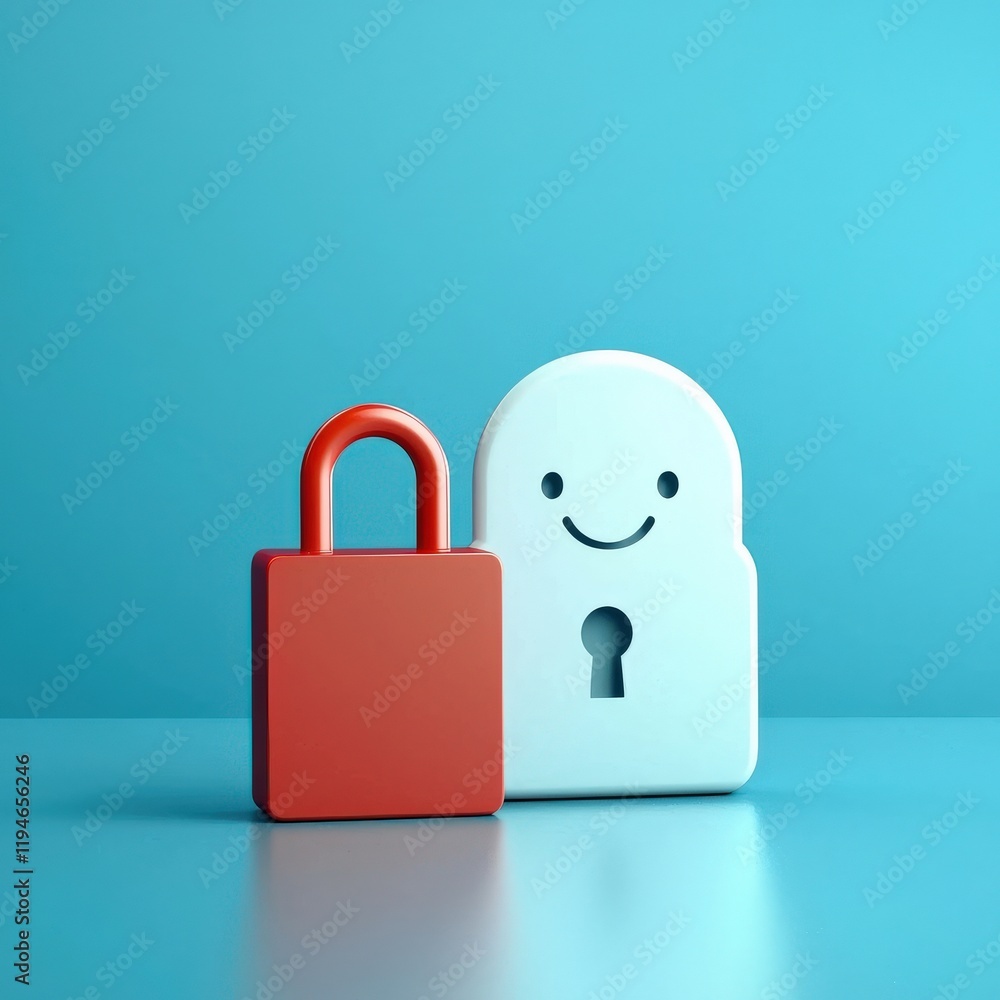 Poster mobile payment security platform concept. a happy-looking padlock and keyhole on a blue background s