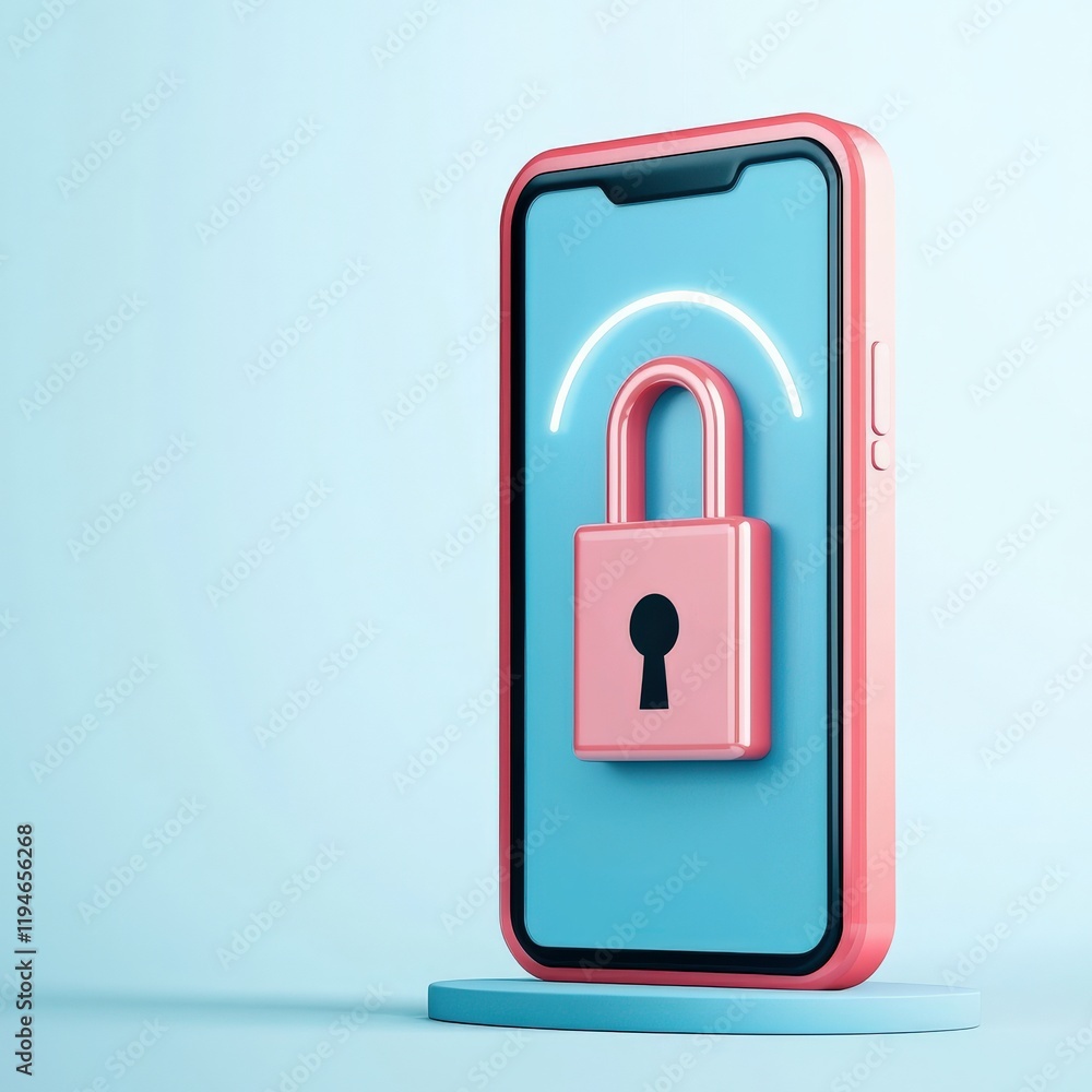 Poster mobile payment security platform concept. a smartphone with a lock symbol on a blue background, repr