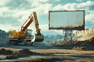 A large orange excavator is parked in front of a white sign
