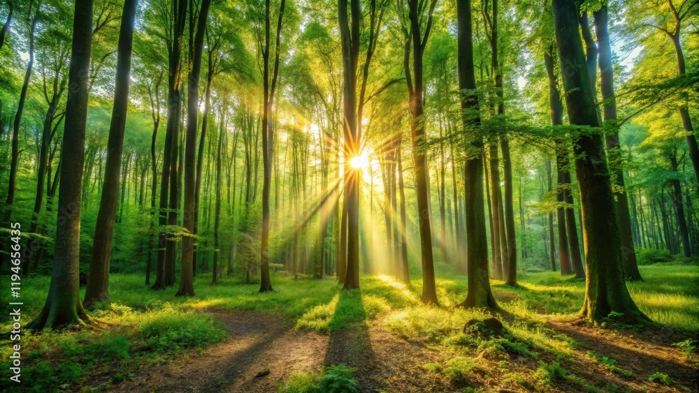 Poster sunbeams illuminating a verdant forest path at dawn