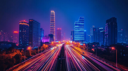 Fototapeta premium Road leads to futuristic night city with unusual fantastic multistorey buildings with neon lights. Cartoon vector landscape of future cyber high technology downtown with empty highway and streetlights