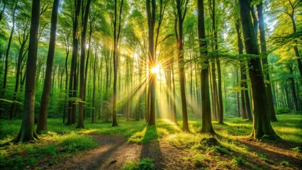 Obraz premium Sunbeams illuminating a verdant forest path at dawn