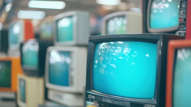 Vintage TVs of various sizes and colors fill the store while shoppers browse modern devices in the background