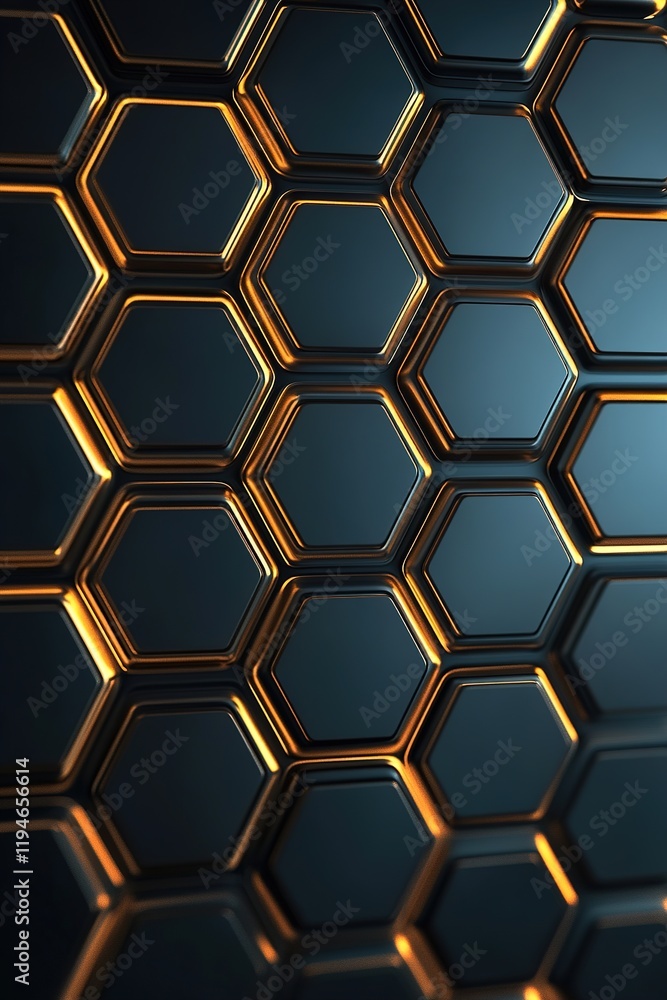 Poster unique hexagonal patterns create a striking visual effect with metallic sheen and shadows in a dark 