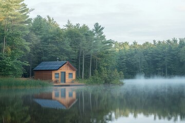 Fototapeta premium Solar Powered Cabin by Misty Lake at Sunrise
