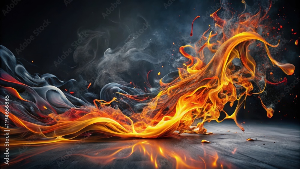 Poster abstract fiery stream with smoke and embers on dark surface