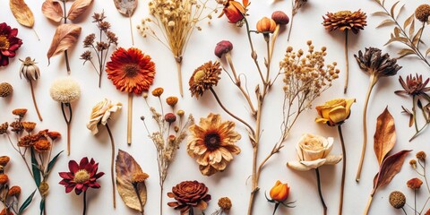 Autumnal Dried Flower Arrangement Flatlay Featuring Various Shades of Brown, Orange, and Red
