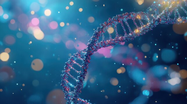 Stunning 3D render of double helix DNA structure showcasing intricate details against a vibrant blue background filled with bokeh lights