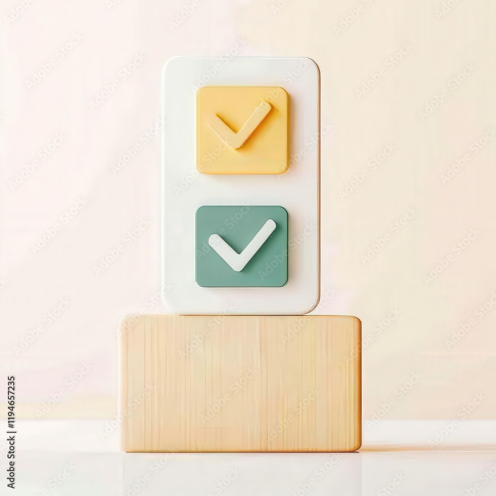 Aufkleber mobile payment security platform concept. stacked checkmark icons on a wooden block against a soft b