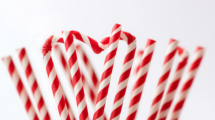 Two red and white striped straws forming a heart shape 