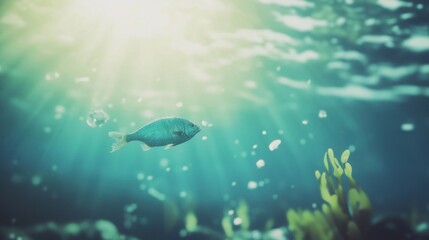 Fototapeta premium Fish swim through murky water filled with plastic waste, highlighting the impact of pollution on marine life in the ocean's depths