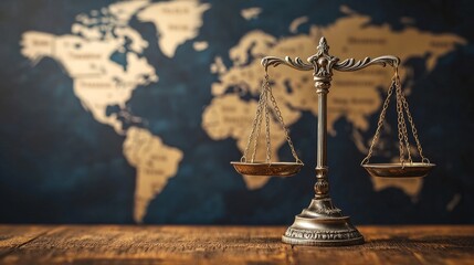 Antique Scales of Justice on a Wooden Table with a World Map in the Background Symbolizing Global Justice and Law