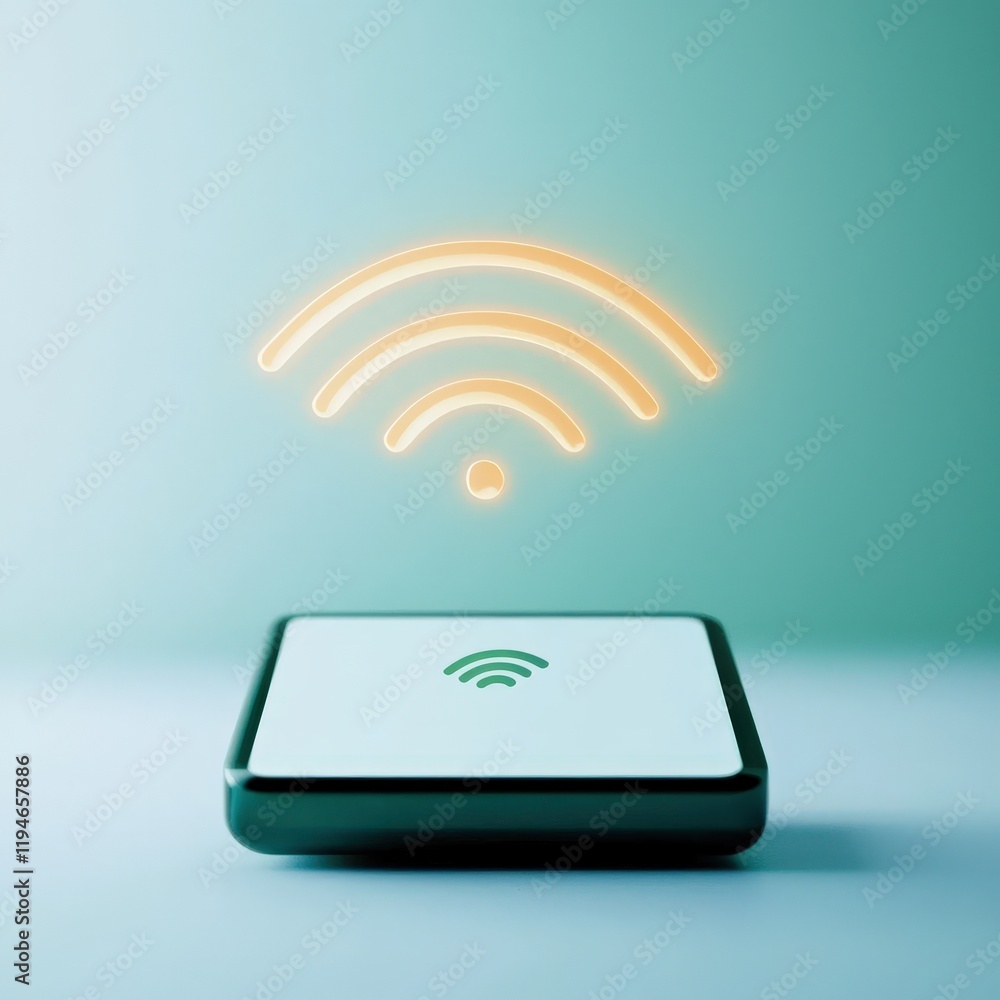 Poster mobile payment security platform concept. wireless signal icon displayed above a modern device on a 