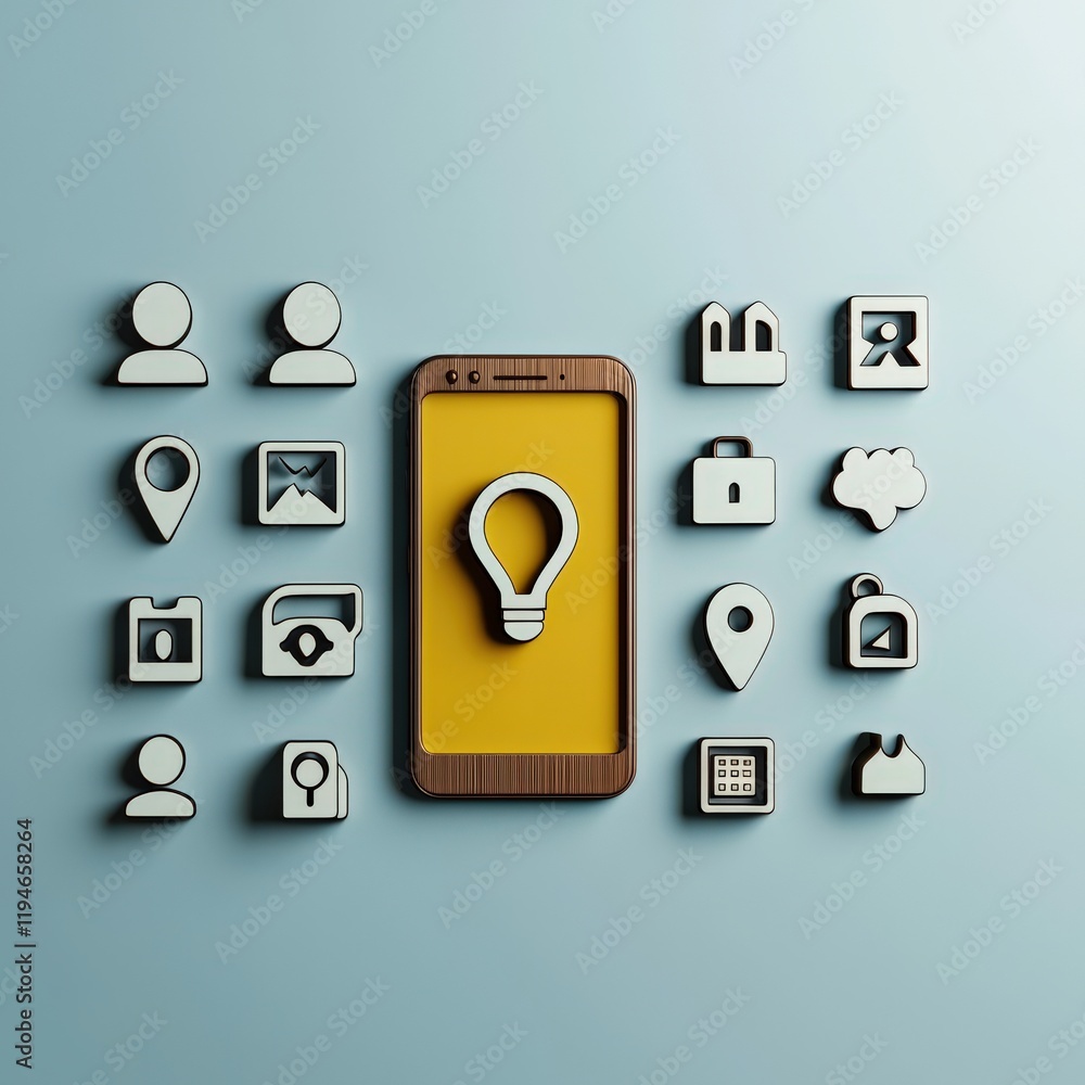 Poster mobile payment security platform concept. a collection of icons surrounding a smartphone with a ligh