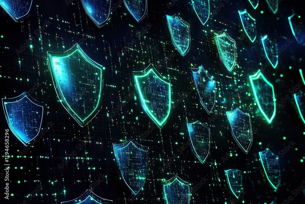 Poster digital shield icons floating over a dark background with glowing particles representing cybersecuri
