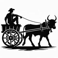simple cowboy with a bullock cart black silhouette on white background