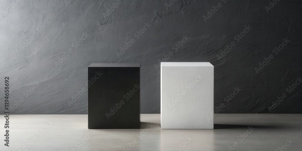 Poster modern minimalist display with black and white cubes against a textured backdrop