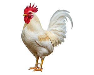 a white rooster standing tall against a plain white background, full body view with sharp focus on the subject
