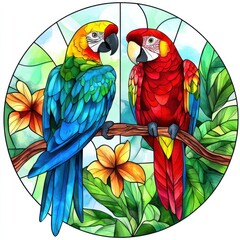 Obraz premium Colorful Exotic Parrots in Stained Glass Watercolor Style Artwork