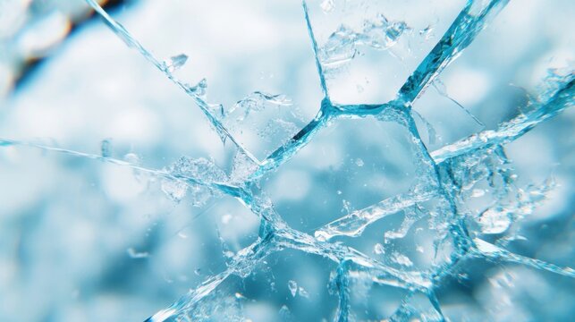 Detailed close up of shattered glass reveals complex patterns created by impact, showcasing the beauty in destruction and fragmentation