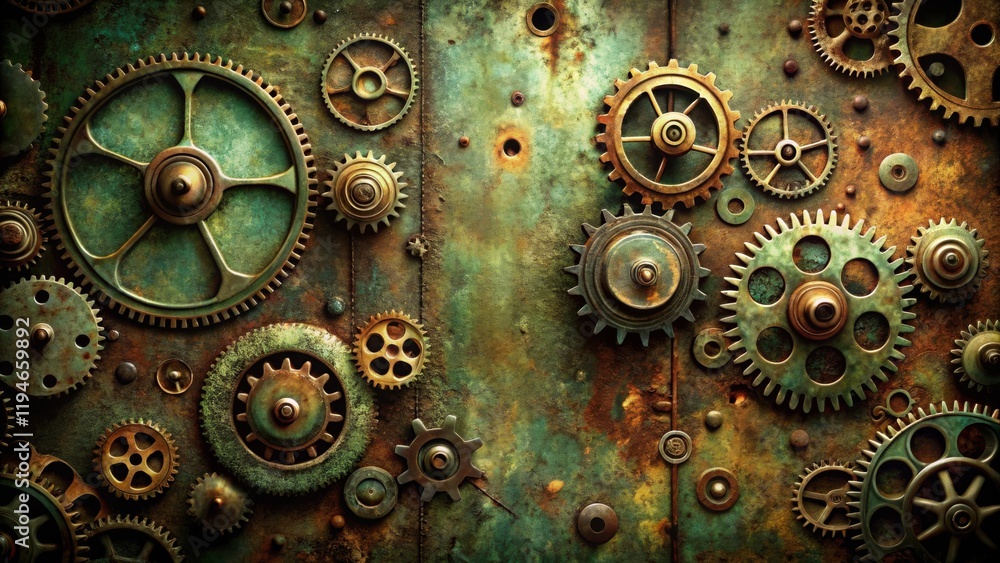 Poster rustic metal gears and cogs on weathered surface a steampunk industrial background