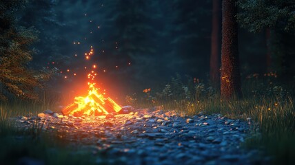 Naklejka premium Meditating beside a crackling bonfire in a serene forest setting peaceful atmosphere nighttime ambiance