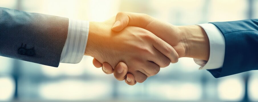 Two positive successful business partners shaking hands over large table. Team of stake holders, project managers, investors ending negotiation meeting with handshake, smiling, laughing