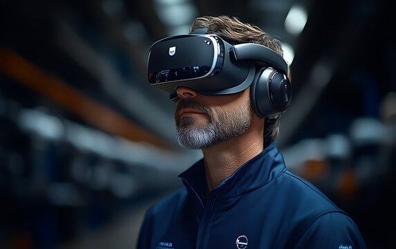 Man wearing VR headset in industrial setting.