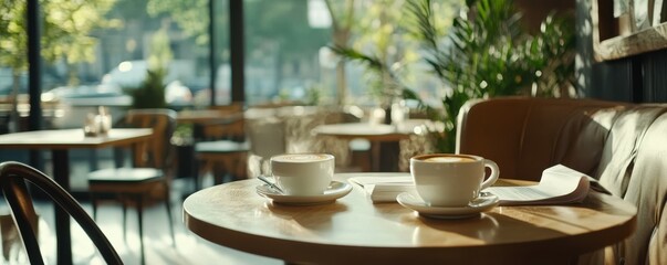 Fototapeta premium A business consultant conducting a meeting with clients over coffee in a modern cafe, 4k photo.