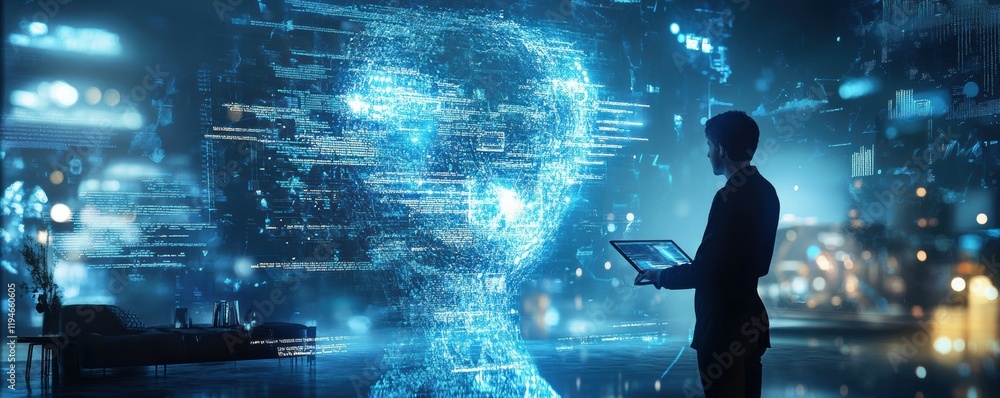 Poster a software developer writing code on a large monitor in a tech hub, 4k photo.