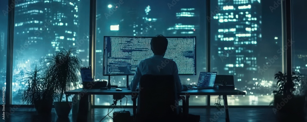 Poster a software developer writing code on a large monitor in a tech hub, 4k photo.