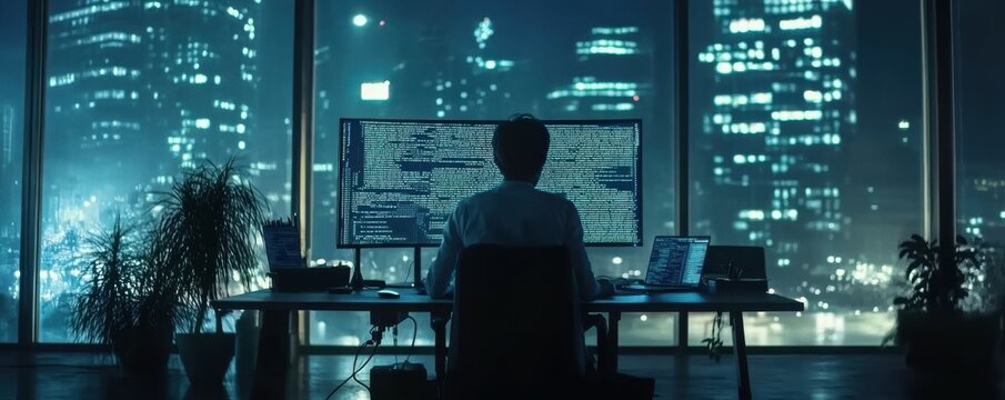 A software developer writing code on a large monitor in a tech hub, 4k photo.