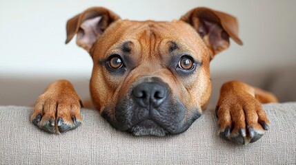 Obraz premium Adorable dog resting on couch, indoor setting, calm background, pet portrait for websites