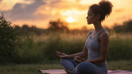 Mixed Race Woman Relaxing Outdoors Breathing Fresh Air at Scenic Sunset