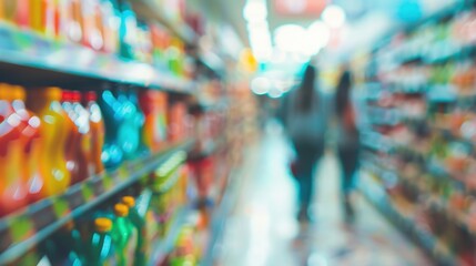 Two individuals browse the colorful beverage selections in a grocery store aisle, surrounded by various drink options and vibrant packaging