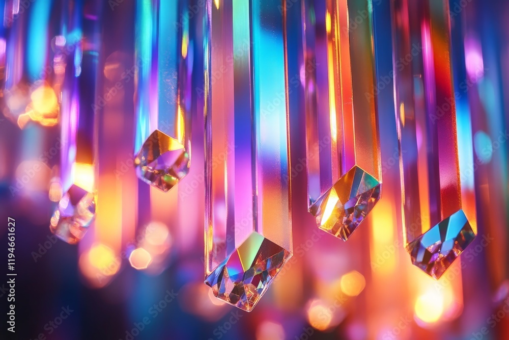 Poster A striking collection of suspended crystals refracting dazzling multicolored light displays an array of vivid hues, creating an enchanting and mesmerizing visual spectacle.