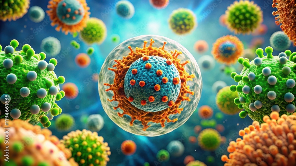 Aufkleber microscopic view of diverse viral particles and cellular structures in close proximity