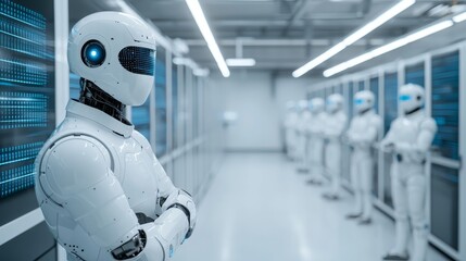 Futuristic Robotics Workshop Featuring Advanced Androids in High-Tech Environment