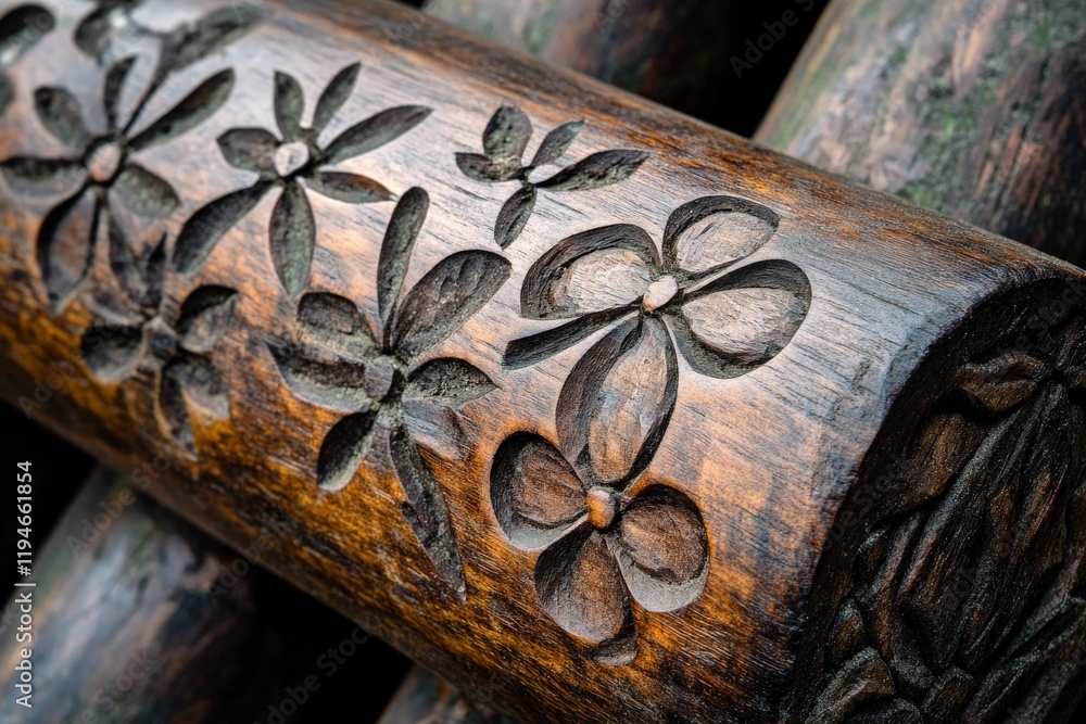 Poster this image captures a beautifully carved wooden log featuring intricate floral patterns, showcasing 