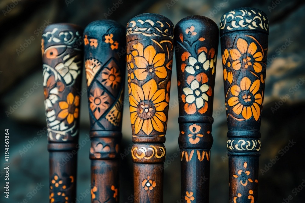 Poster the image showcases a variety of intricately designed wooden cane handles, each adorned with unique 